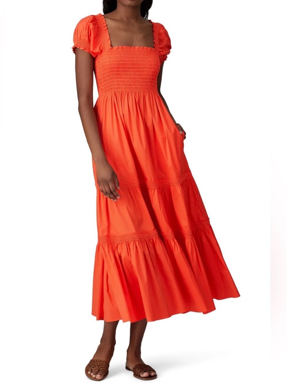Tory Burch Bright Orange Smocked Midi Dress